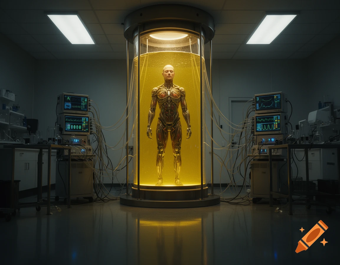 A humanoid figure with exposed musculature and metallic parts stands in a tall glass capsule filled with glowing yellow liquid, surrounded by scientific equipment in a dark laboratory.