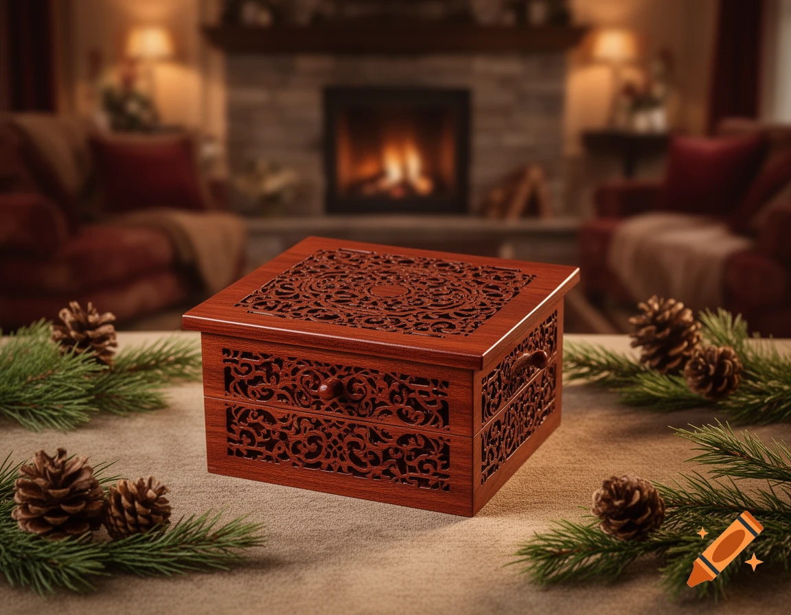 A decorative laser-cut wooden box on a table with pine branches and pinecones, a blurred fireplace in the background.