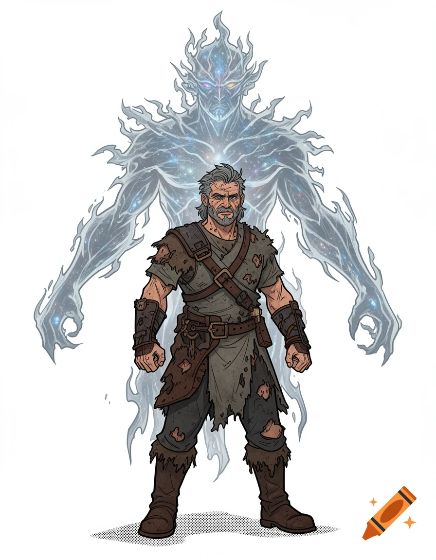 A grizzled man in tattered clothes stands before a towering, ethereal cosmic figure with glowing eyes in a stylized cartoon.