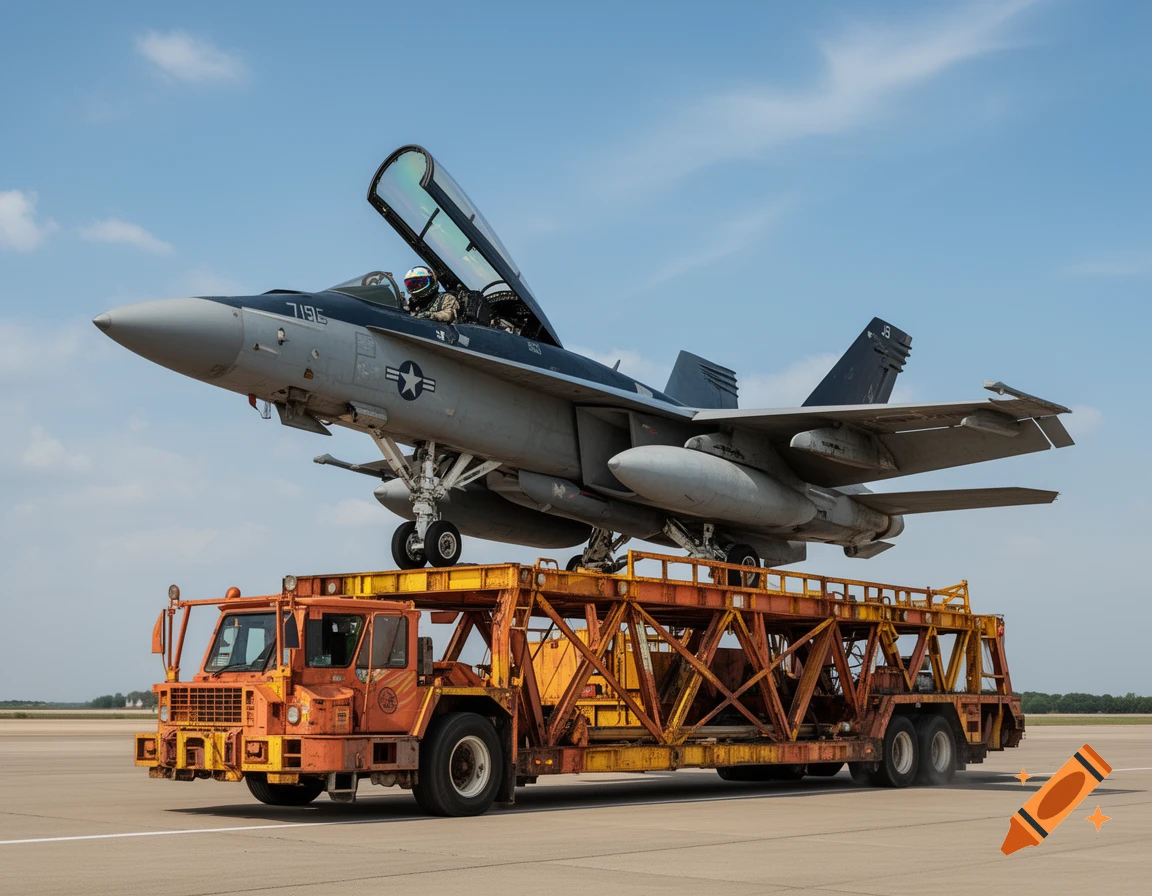 A grey FA-18 fighter jet with an open canopy and pilot is parked on an orange flatbed truck on an airfield under a blue sky.