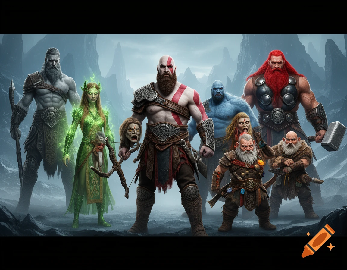 A group of diverse fantasy characters from God of War Ragnarok, including Kratos, Thor, and dwarves, in a snowy landscape.