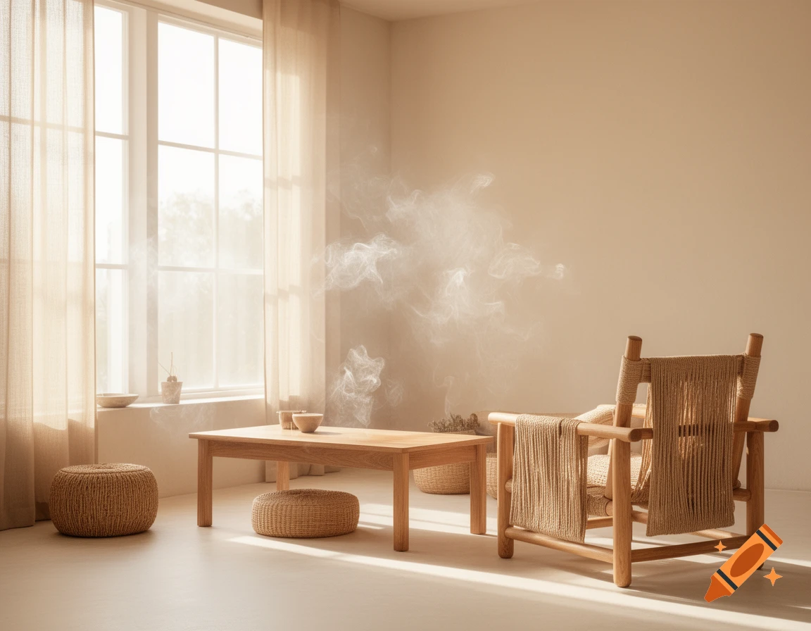 A bright, harmonious room with sunlight, light smoke, a wooden table, woven poufs, and a rope chair, all in calm beige and sand tones.