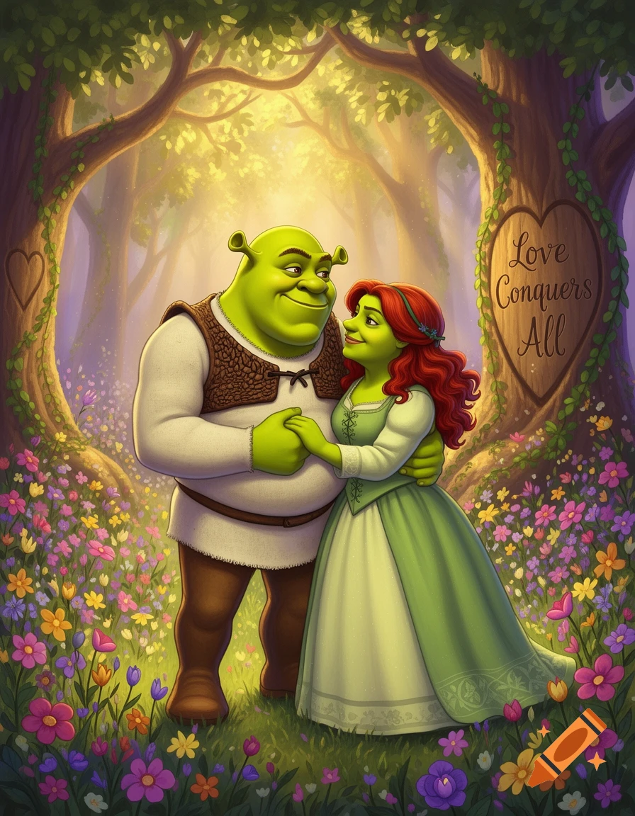 Shrek and Princess Fiona, the green ogre couple, hold hands and gaze lovingly in a vibrant, sunlit fantasy forest with colorful flowers. A heart carved into a tree reads "Love Conquers All".
