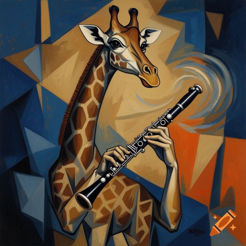 A cubist painting of a giraffe with human hands playing a clarinet against an abstract background of blue, orange, and tan geometric shapes.