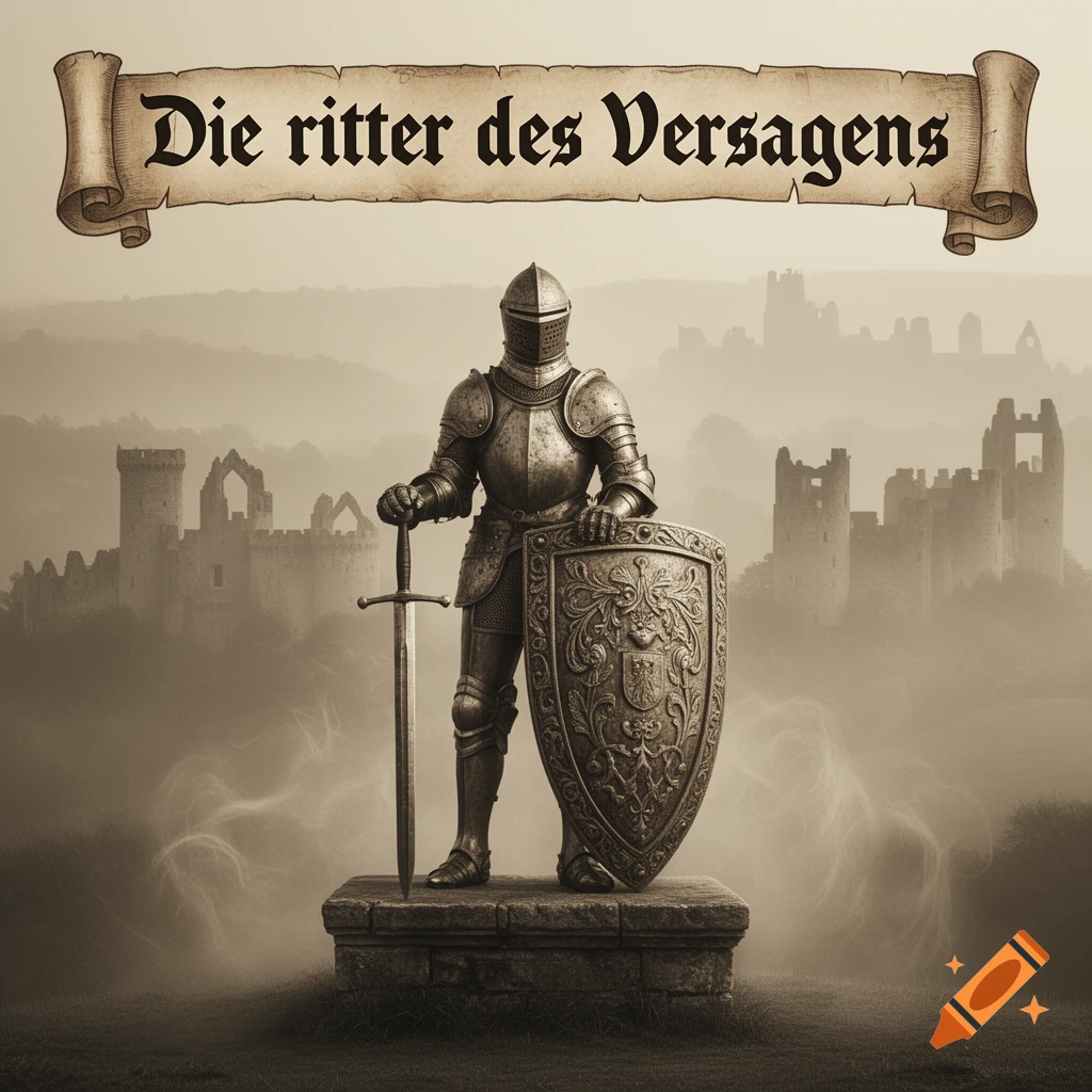 A sepia-toned image of a knight statue with a sword and shield against a misty castle background. A banner above reads 'Die ritter des Versagens'.