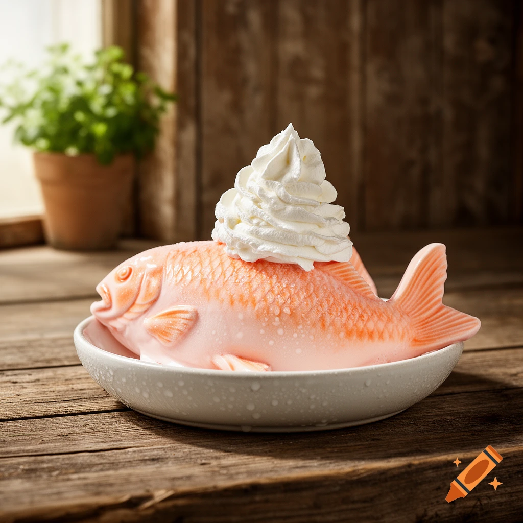 Pink fish-shaped ice cream dessert topped with whipped cream, served in a white bowl on a wooden table.