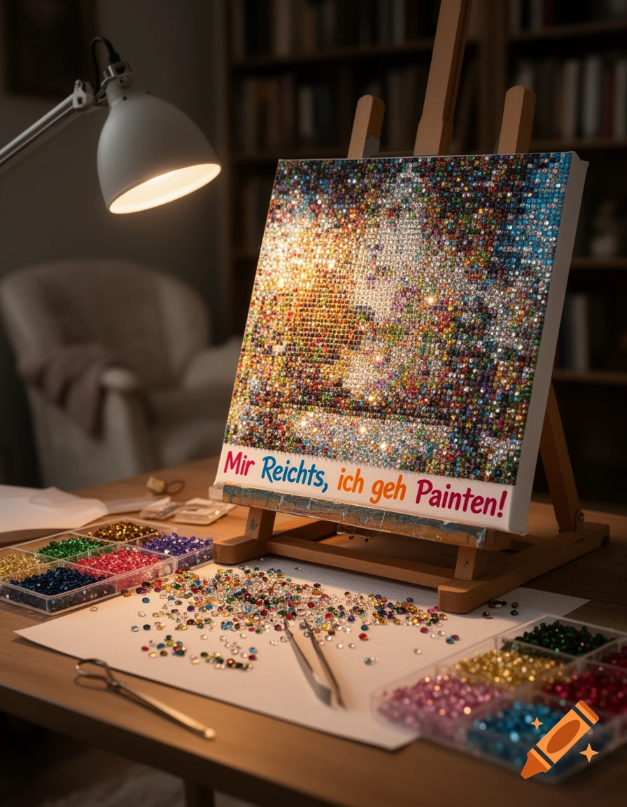 Diamond painting on an easel, text 'Mir Reichts, ich geh Painten!', colorful beads, tools on a desk, illuminated by a lamp.
