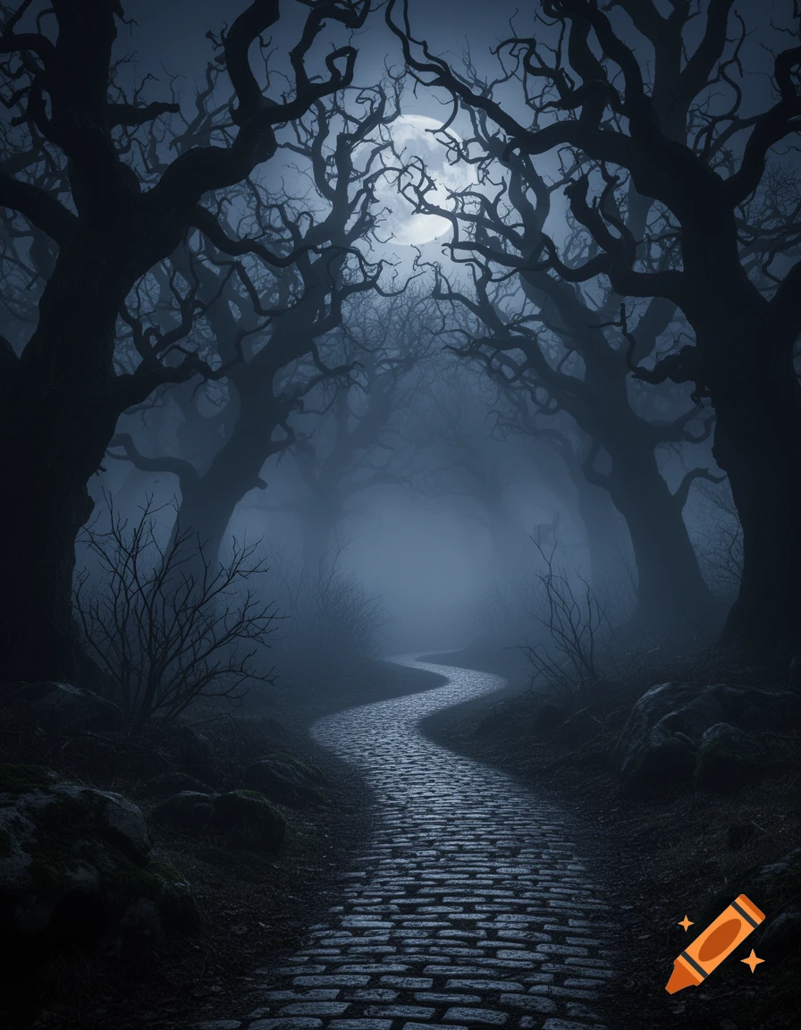 A winding cobblestone path through a dark, foggy forest at night, illuminated by a full moon through gnarled tree branches.