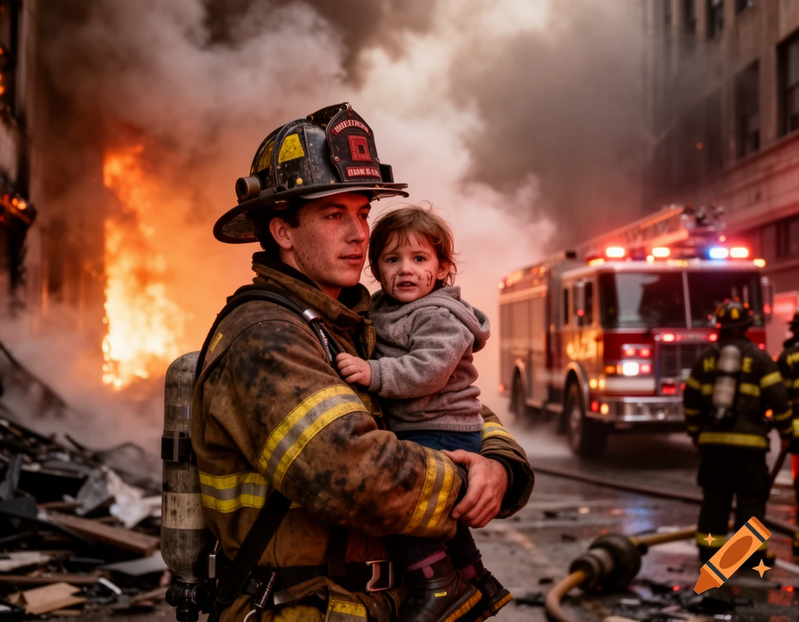 A soot-covered firefighter holds a small child with a burning building and fire truck in the smoky background.