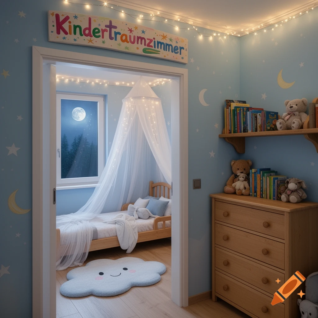 A cozy child's bedroom with light blue walls, a sign saying "Kindertraumzimmer" above the door, and a bed with a sheer canopy.