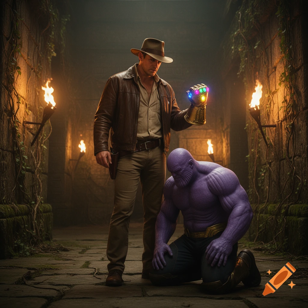 Indiana Jones stands in a torch-lit ruin, holding the glowing Infinity Gauntlet while Thanos kneels before him.