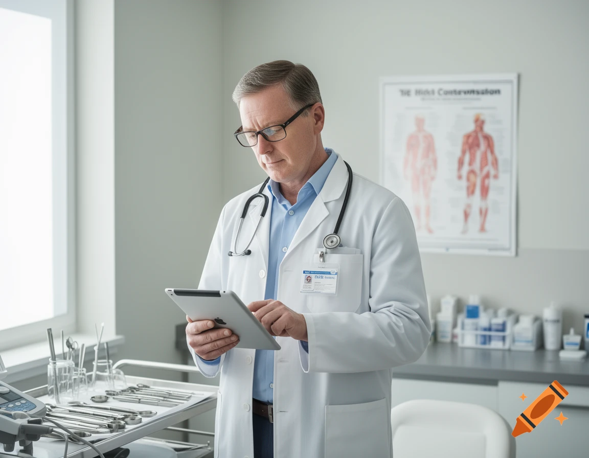 A photorealistic image of a male doctor in a white lab coat and stethoscope, holding and looking at a tablet in an examination room.