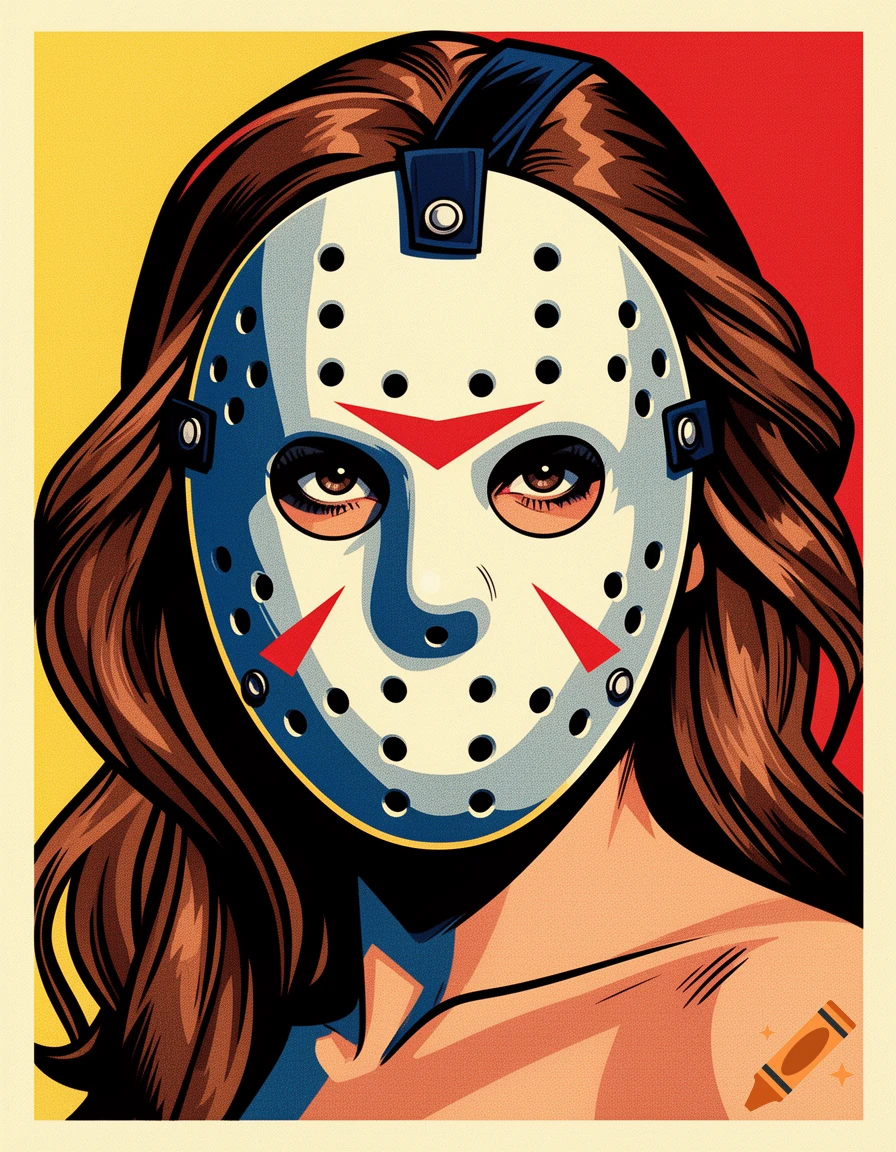 A pop art style illustration of a woman wearing a white Jason Voorhees hockey mask against a red and yellow background.