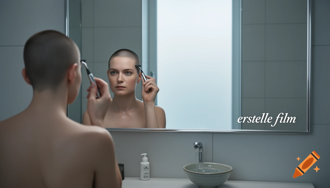 A woman with a buzzcut shaves her head while looking into a bathroom mirror.