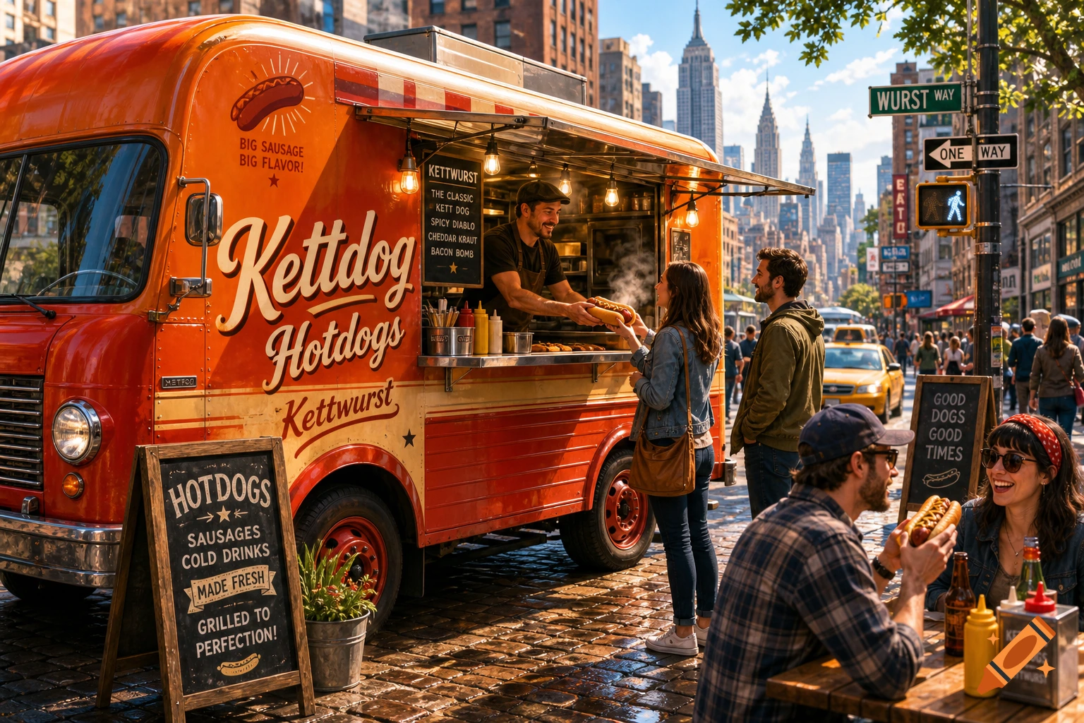 A vibrant hotdog food truck with a vendor serving customers on a sunny city street, with people eating and skyscrapers in the background.