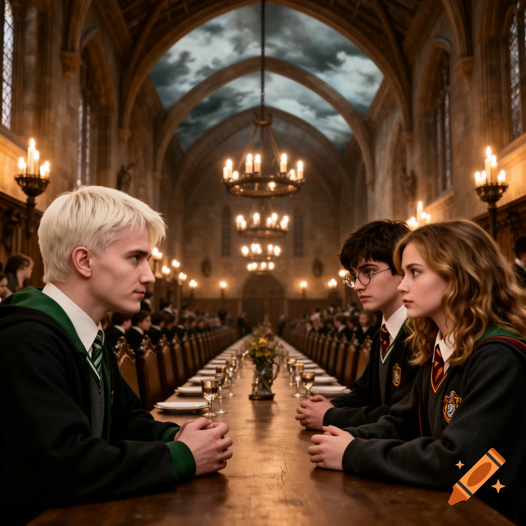 Photorealistic image of three young people resembling Draco Malfoy, Harry Potter, and Hermione Granger seated at a long table in a grand, candlelit hall.