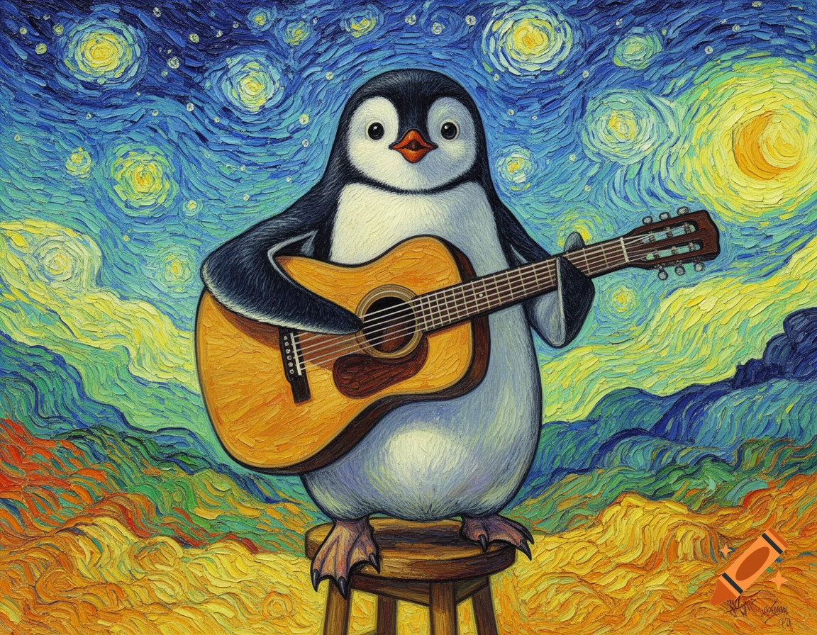 A cute penguin playing an acoustic guitar on a stool, set against a vibrant, swirling Van Gogh-style 'Starry Night' landscape.