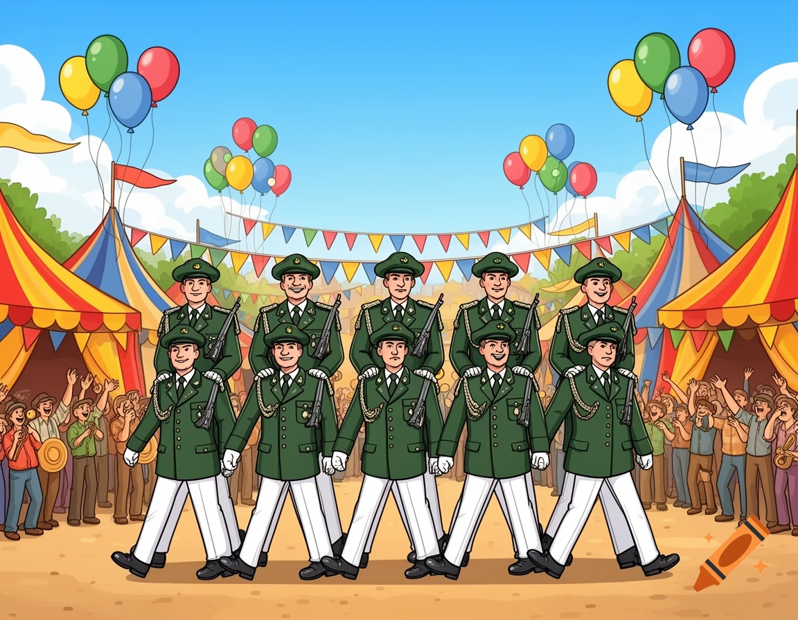 Cartoon illustration of ten men in green military-style uniforms marching at a vibrant festival with tents, balloons, and a cheering crowd.
