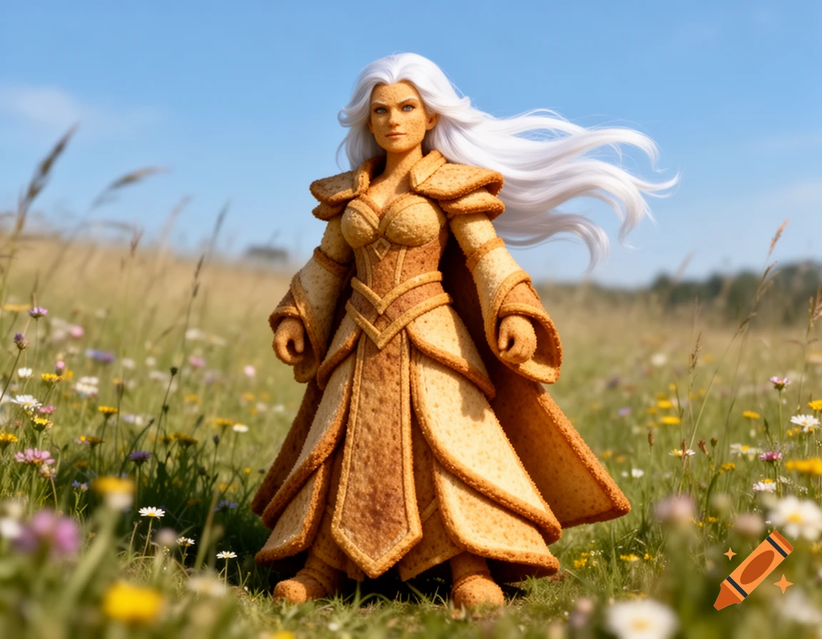 A woman warrior with long white hair and a golden toast armor-dress stands in a field of wildflowers under a blue sky.