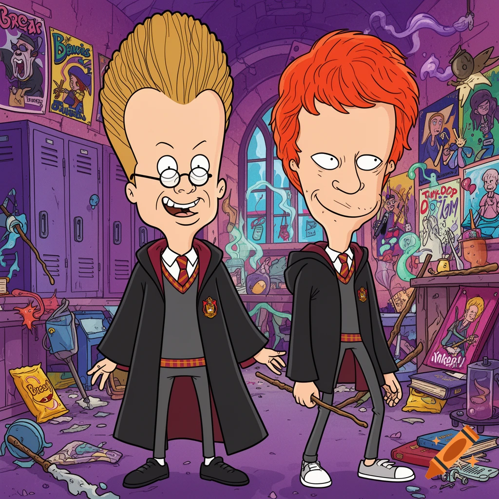 Cartoon drawing of two characters resembling Beavis and Butthead, dressed as Harry Potter and Ron Weasley, standing in a messy, magical classroom filled with posters and spell supplies.