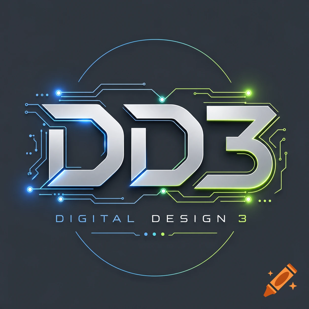 A metallic silver logo for DD3 Digital Design 3, featuring glowing blue and green circuit board lines on a dark background.