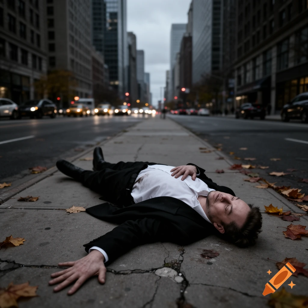 A man resembling Elon Musk lies on a dirty city sidewalk with scattered leaves, buildings and cars in the background.