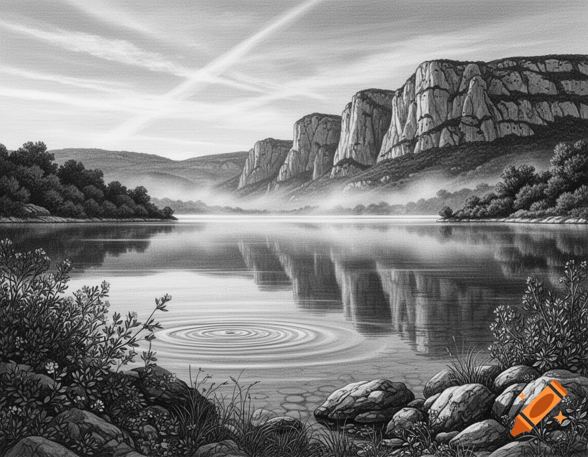 Serene black and white drawing of a lake reflecting mountains and trees under a cloudy sky, with ripples near the rocky shore.