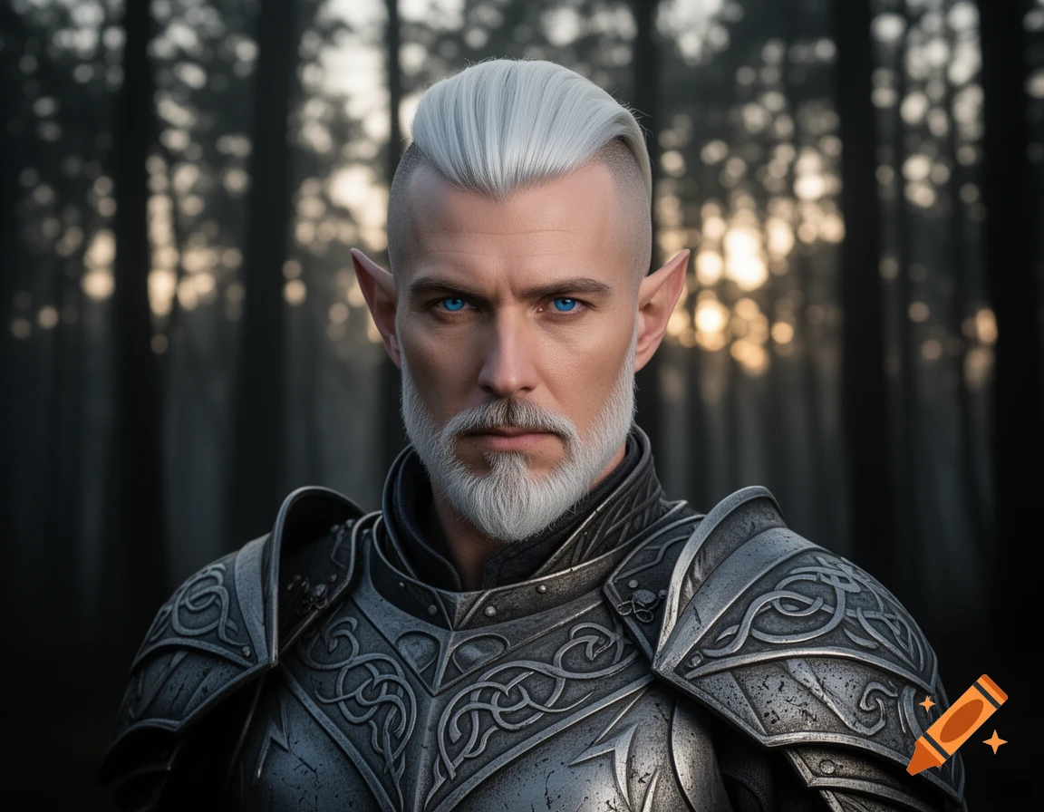 A portrait of a male elf general with white hair in an undercut style, white beard, blue eyes, and ornate silver armor in a misty forest.