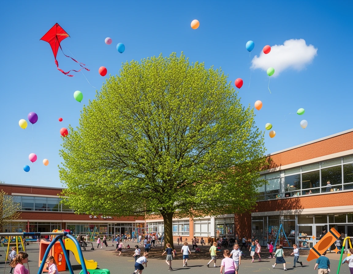 Photorealistic shot of children playing in a sunny schoolyard with a large tree, colorful balloons, and a red kite in the clear blue sky.