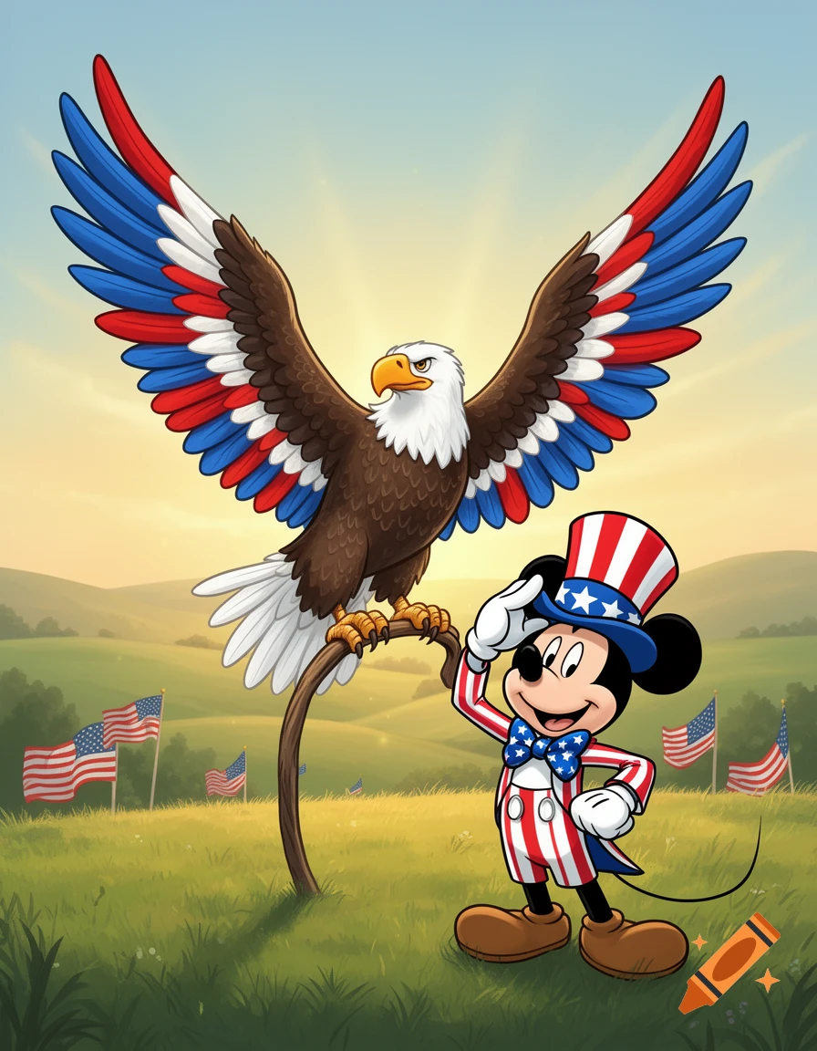 Cartoon patriotic Mickey Mouse saluting next to a bald eagle with red, white, and blue wings in a field with American flags.