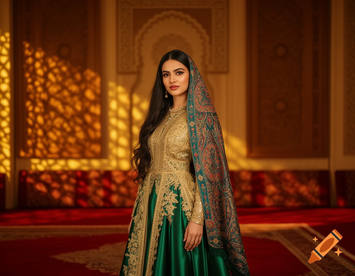 A woman in a green and gold traditional dress with a patterned shawl stands in a richly decorated room.
