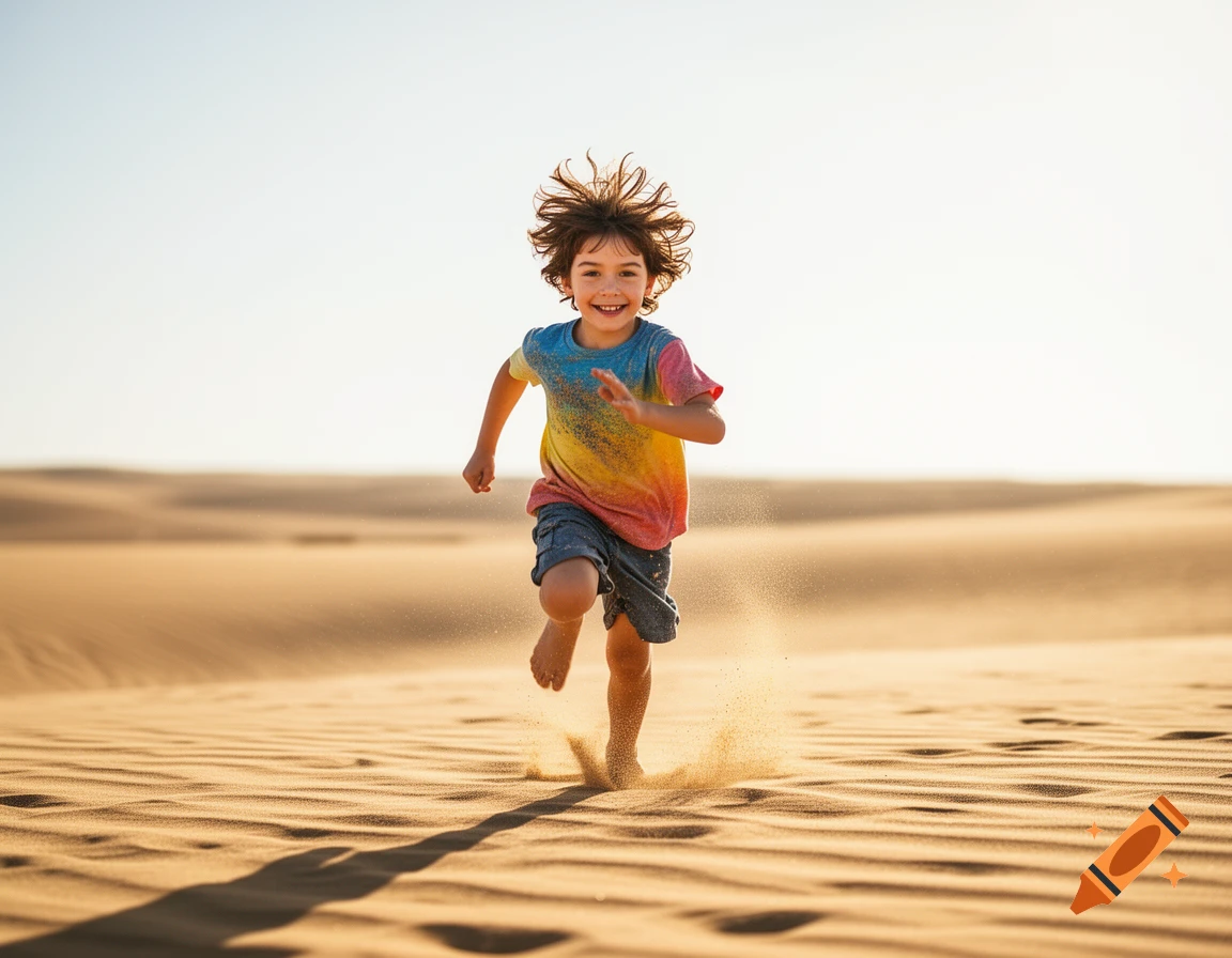 A smiling boy with messy hair runs barefoot through a sandy desert, kicking up sand, under a bright sky.