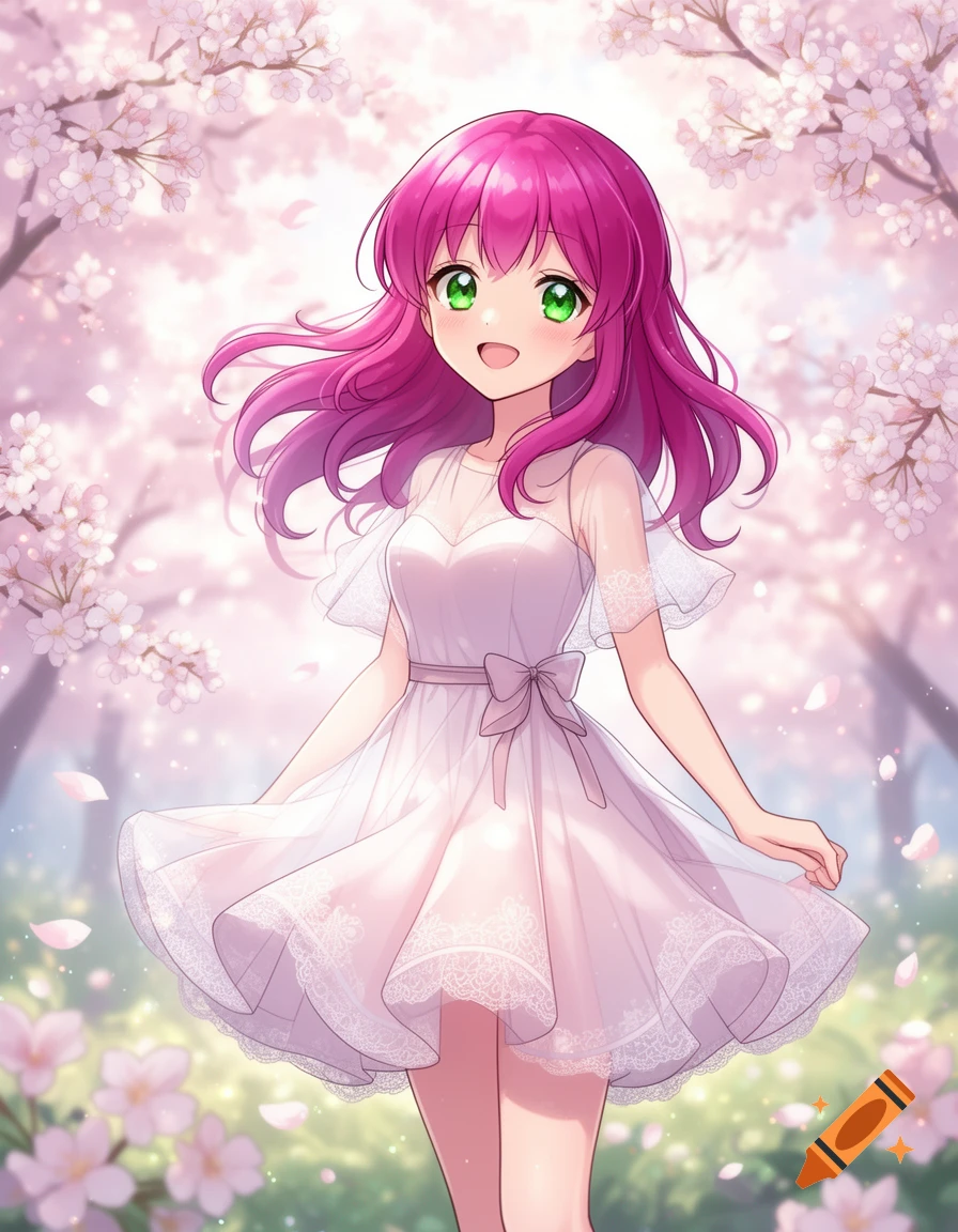 Smiling anime girl with magenta hair and green eyes in a white dress amidst pink cherry blossoms.