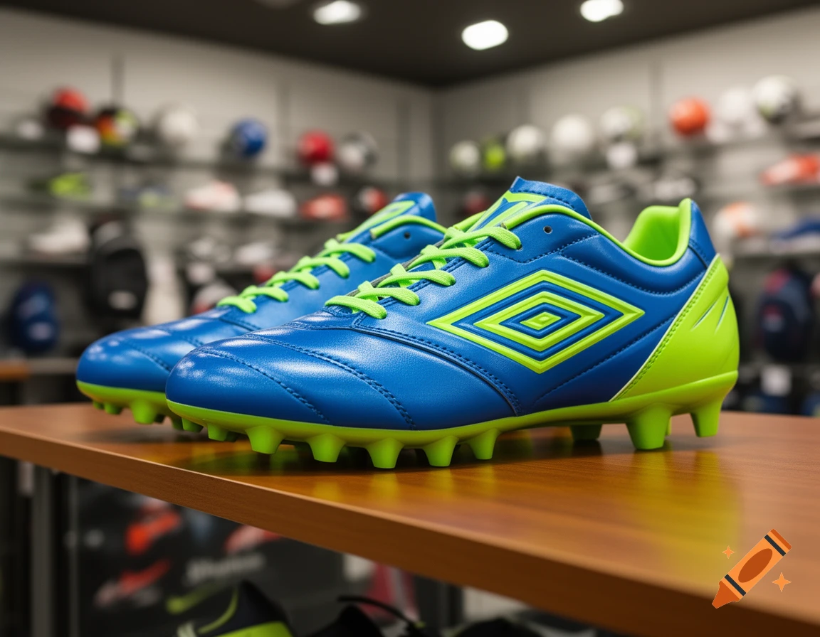Close-up of a pair of blue and neon green soccer cleats with studs, displayed on a wooden shelf in a sports store.