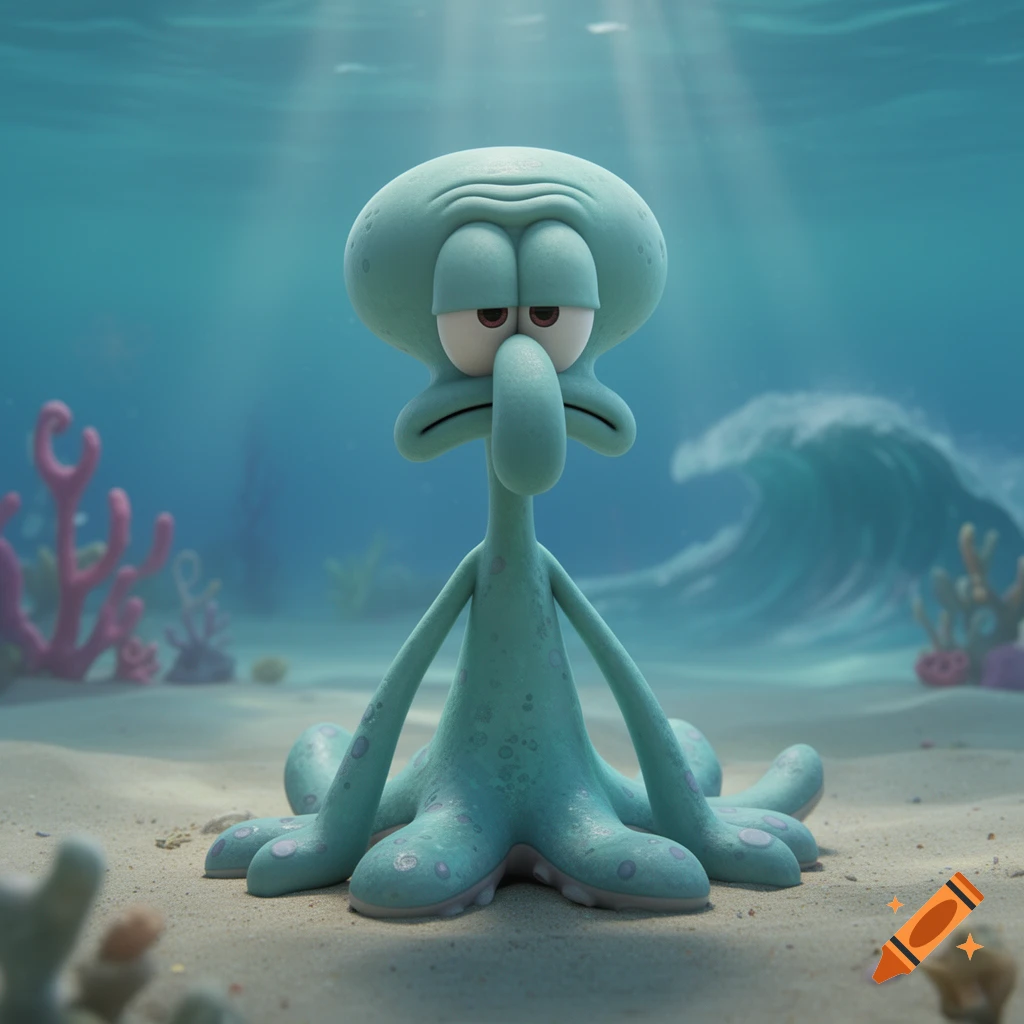 A 3D render of a sad-looking Squidward Tentacles sitting on the sandy ocean floor, with coral and a wave in the background.