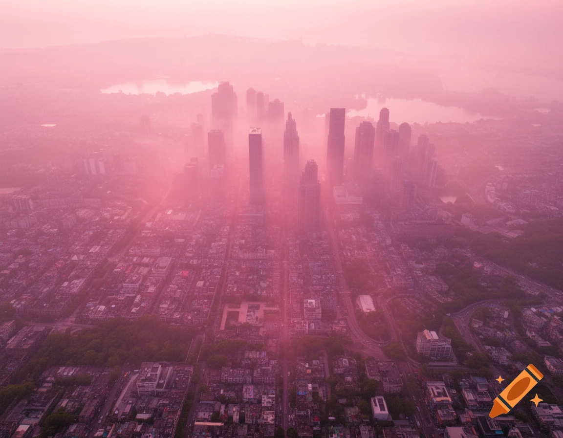 Aerial view of a city skyline enveloped in thick pink fog and haze, with a lake in the distance under a pink sky.
