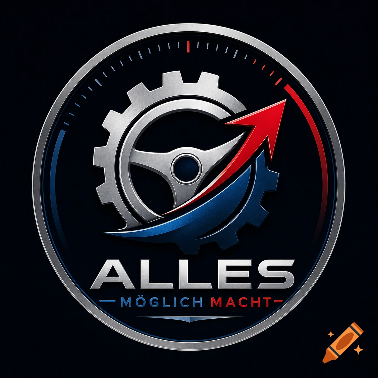 Metallic logo with a gear, steering wheel, speed dial, and a red upward arrow on a dark background. Text reads "ALLES MÖGLICH MACHT".