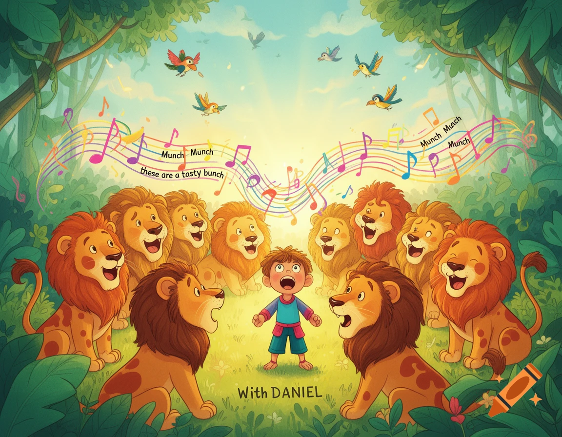 A cartoon boy stands among a group of smiling lions in a vibrant jungle, surrounded by musical notes and text.