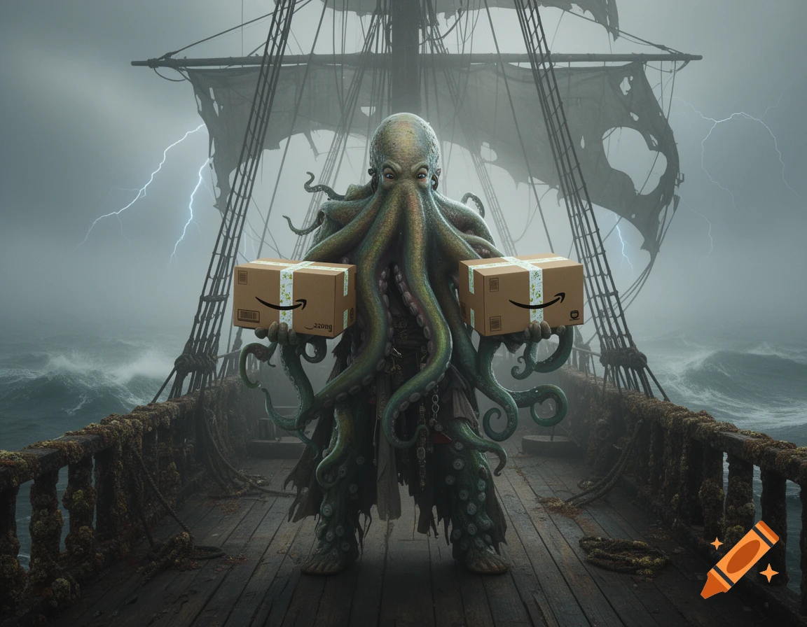 A photorealistic image of an octopus-like Davy Jones on a stormy pirate ship, holding two Amazon packages. Lightning strikes in the background.
