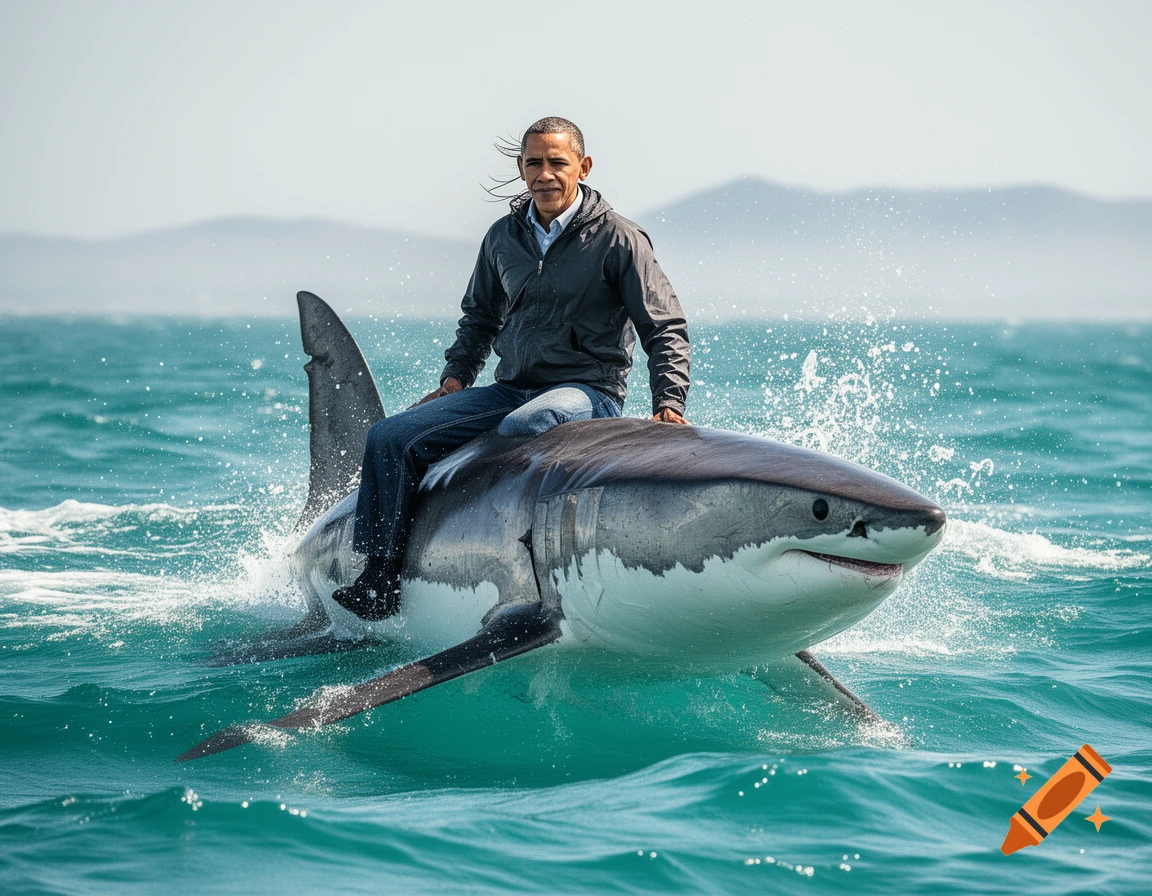 Barack Obama riding on the back of a great white shark as it swims through turquoise ocean water, splashing around them.