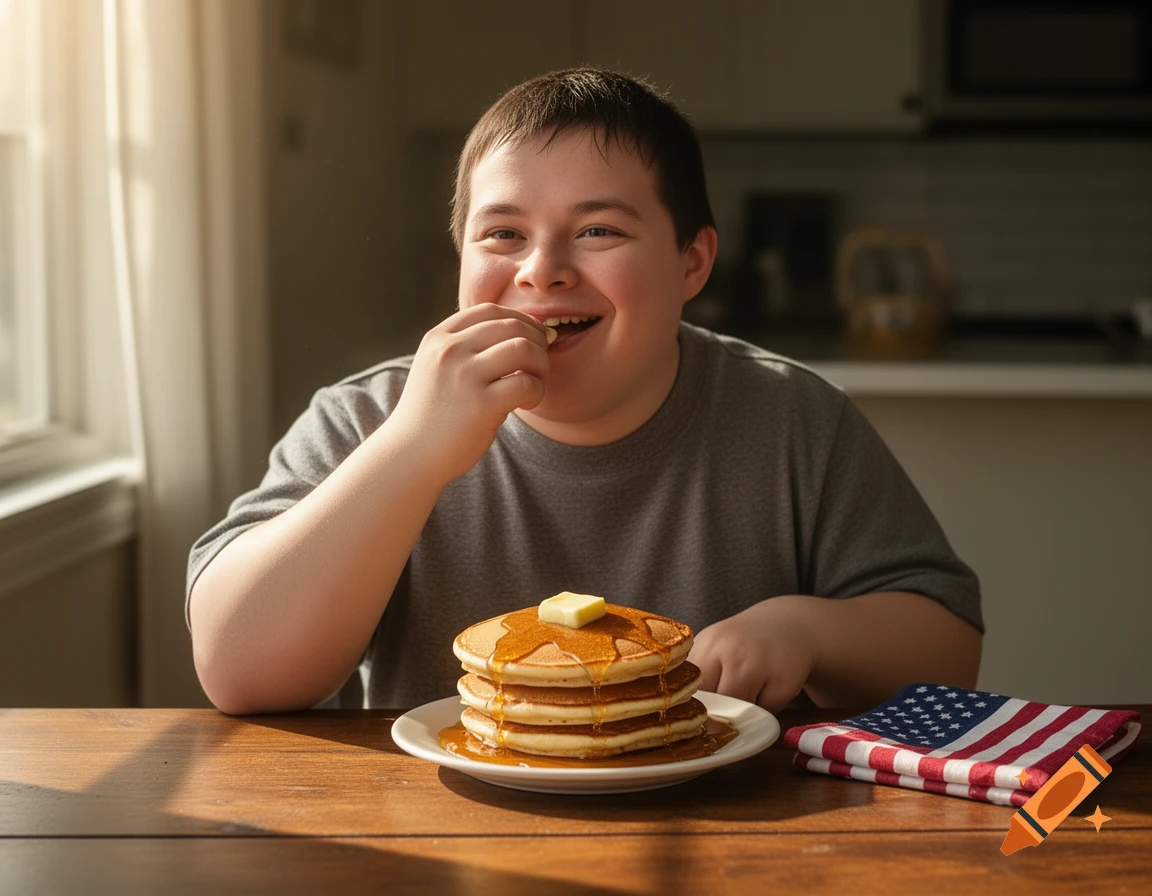 A young man with Down syndrome happily eats pancakes at a table with an American flag napkin, bathed in sunlight.