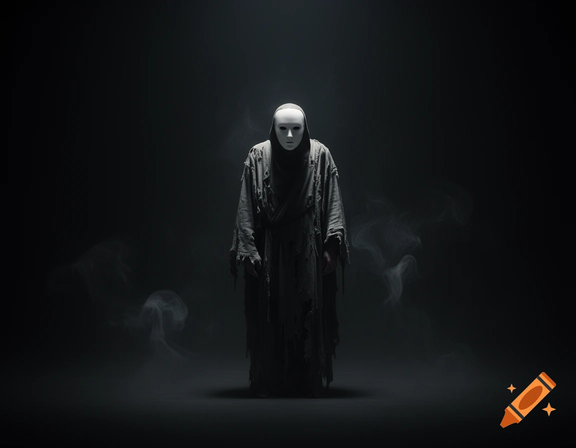 A figure in a dark, tattered cloak and a plain white mask stands in a spotlight amidst swirling smoke.