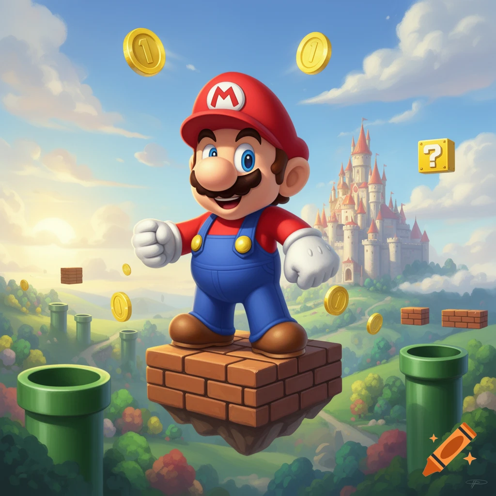 Stylized illustration of Mario on a floating brick platform, with coins, pipes, and a castle in the background under a blue sky.