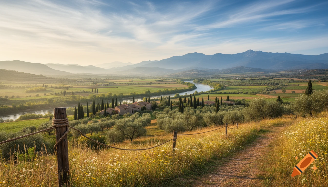 Photorealistic view from a wildflower-filled hillside over a sunny valley with a winding river, farmland, olive trees, and distant mountains.