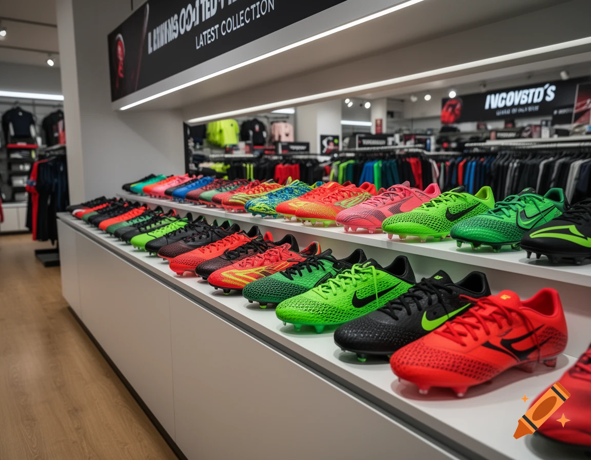 Photorealistic image of many colorful soccer cleats arranged on white display shelves in a sports store.