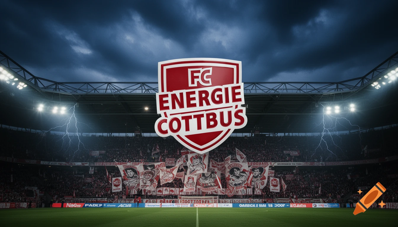 Dramatic image of a packed football stadium under a stormy sky with lightning, featuring a large FC Energie Cottbus logo in the foreground.