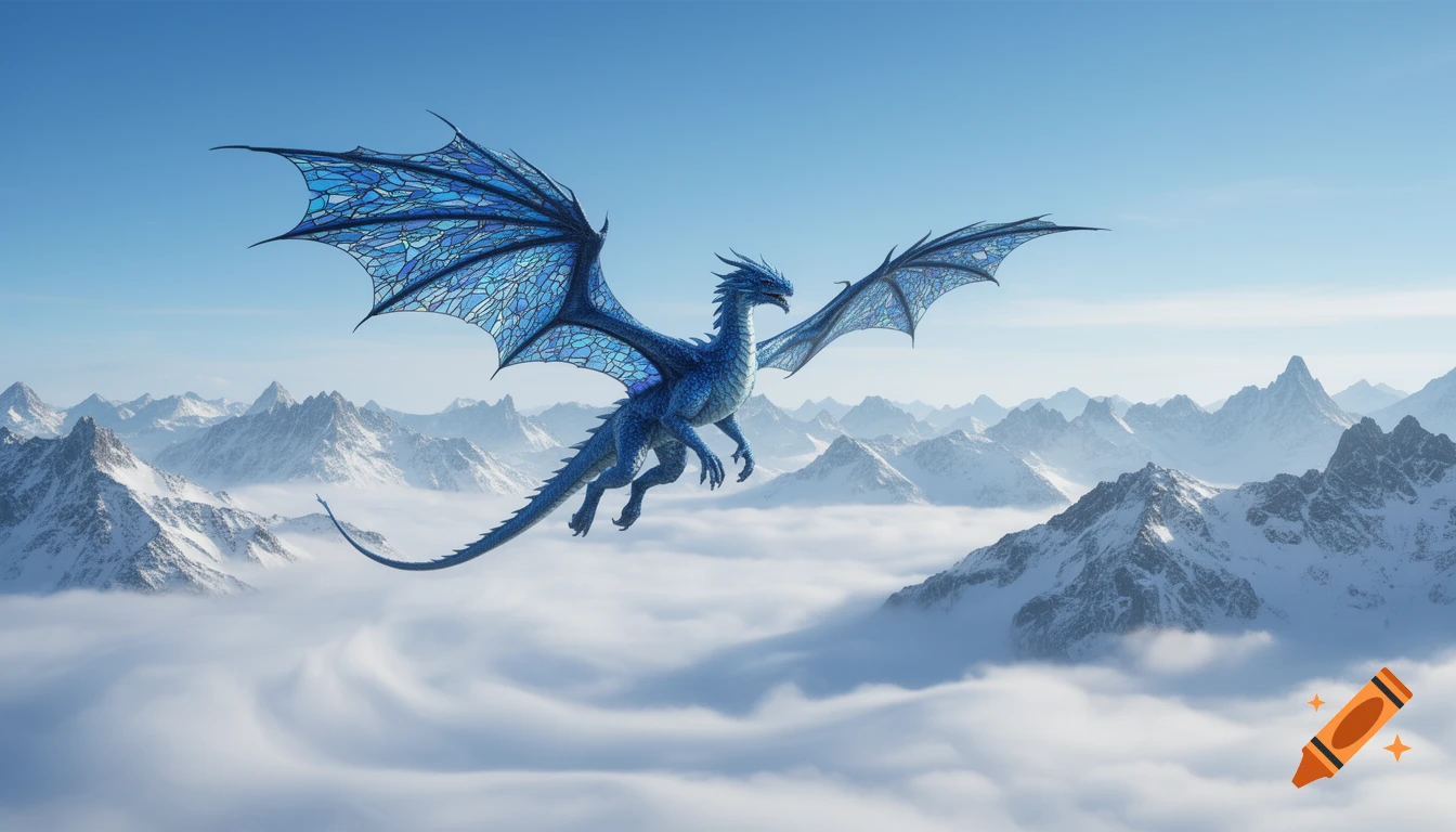 A majestic blue dragon with intricate, stained-glass-like wings soars above a range of snow-capped mountains and fluffy clouds under a clear sky.