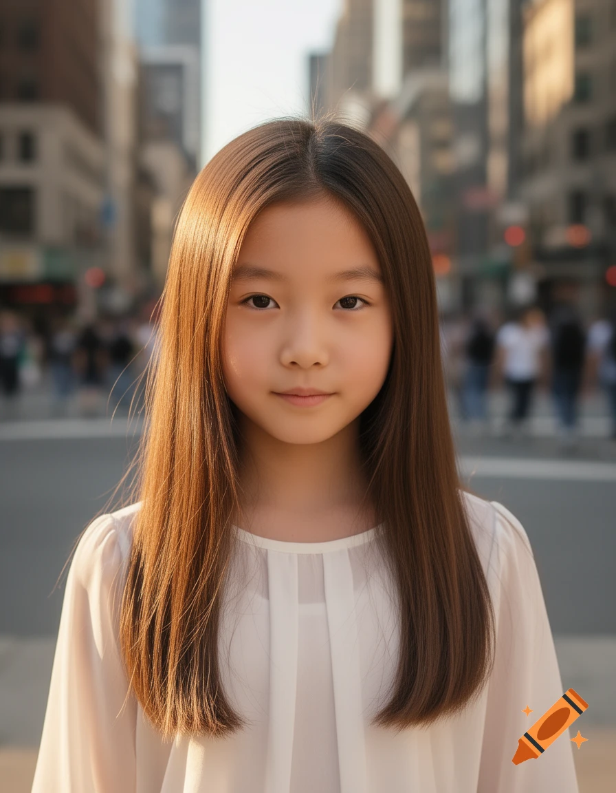 A photorealistic portrait of an Asian girl with long brown hair, looking at the camera in a city street.