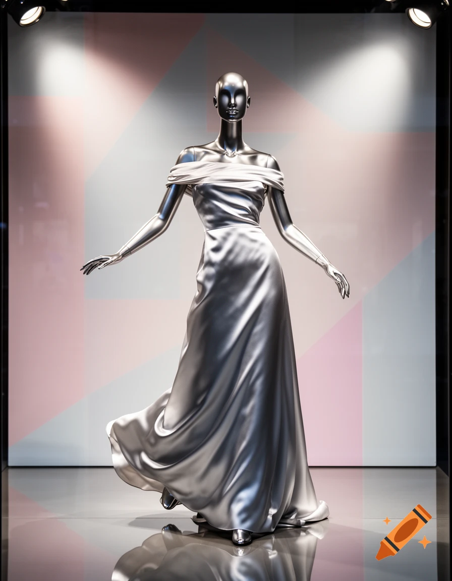 A silver mannequin in a flowing silver off-the-shoulder dress stands in a display case with geometric pink and white panels.