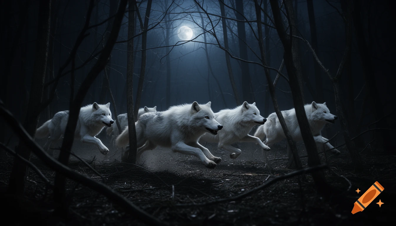 A pack of five white wolves running through a dark, moonlit forest, seen through tree branches. Photorealistic.